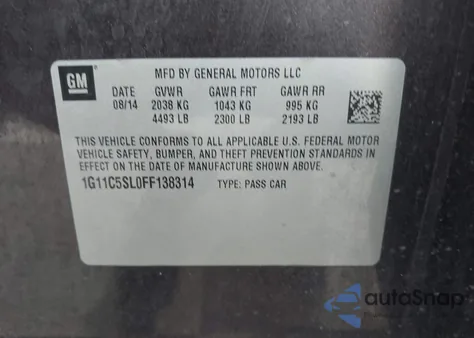 2015 Chevrolet Malibu 1Lt z USA, uszkodzony, nr VIN 1G11C5SL0FF138314